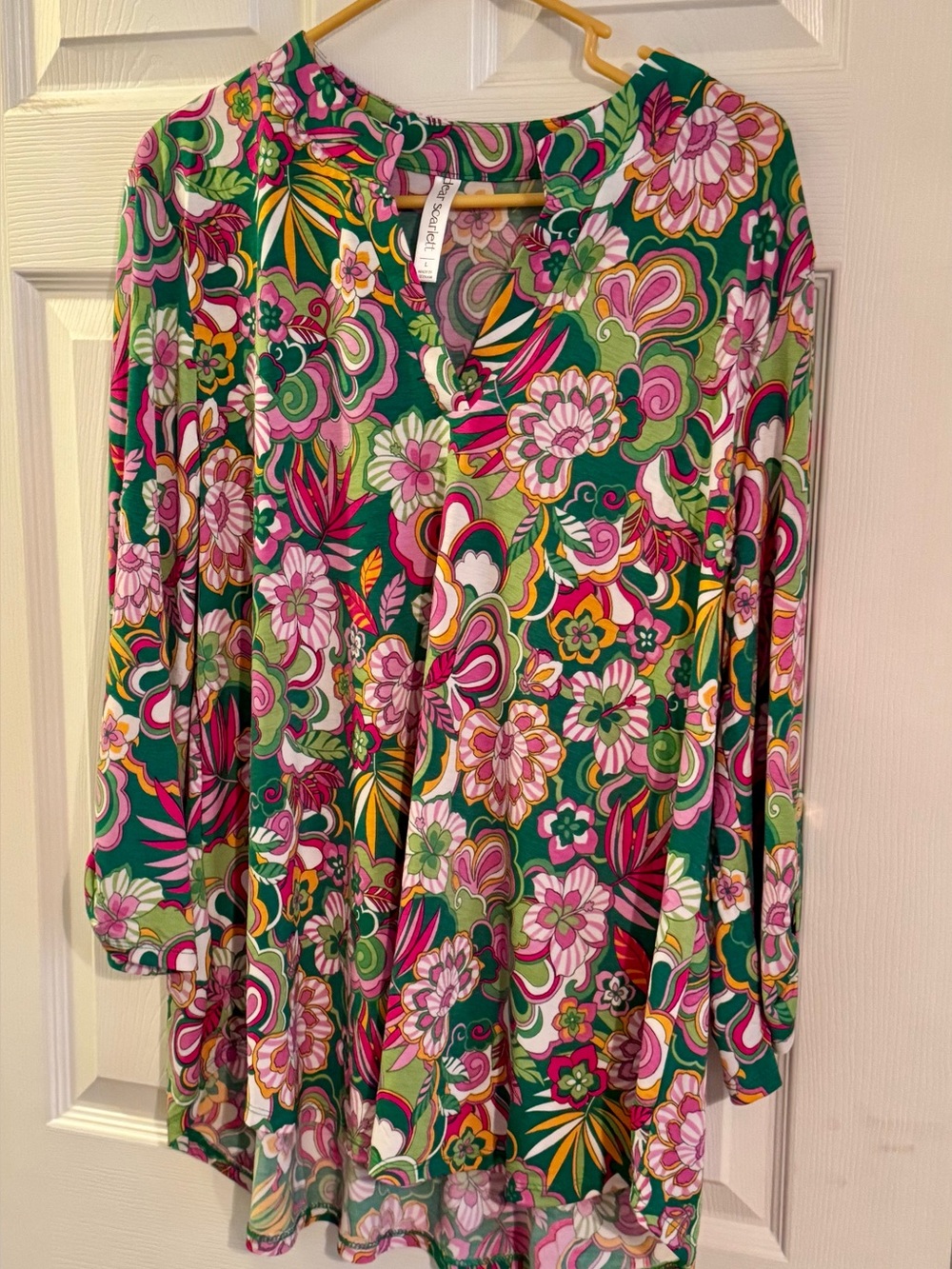 Bright Floral V-Neck Top in Green & Pink - Women